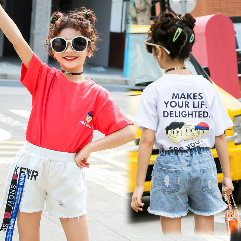 Crianças crianças roupas meninas camisetas de manga curta médio grande crianças versão coreana moda verão solto Casual p