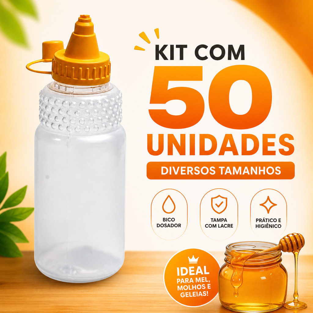 Embalagem Plástica Bisnaga de Mel Redonda Kit com 50Un - 350ml/ 500g de Mel Transparente com tampa Polipropileno