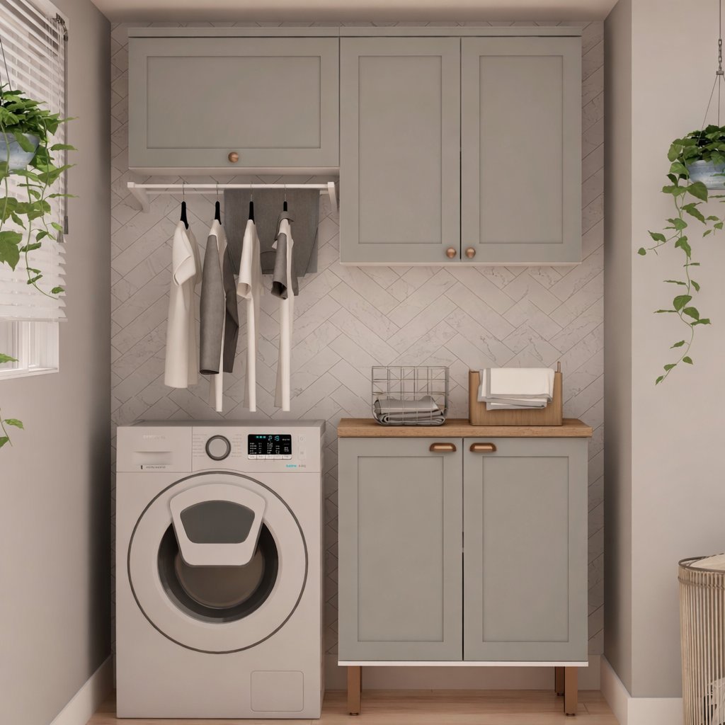 Kit Área de Serviço com 3 Módulos com Portas Provençais para Lavanderia 100% MDF Cinza/Branco Fendi Fendi