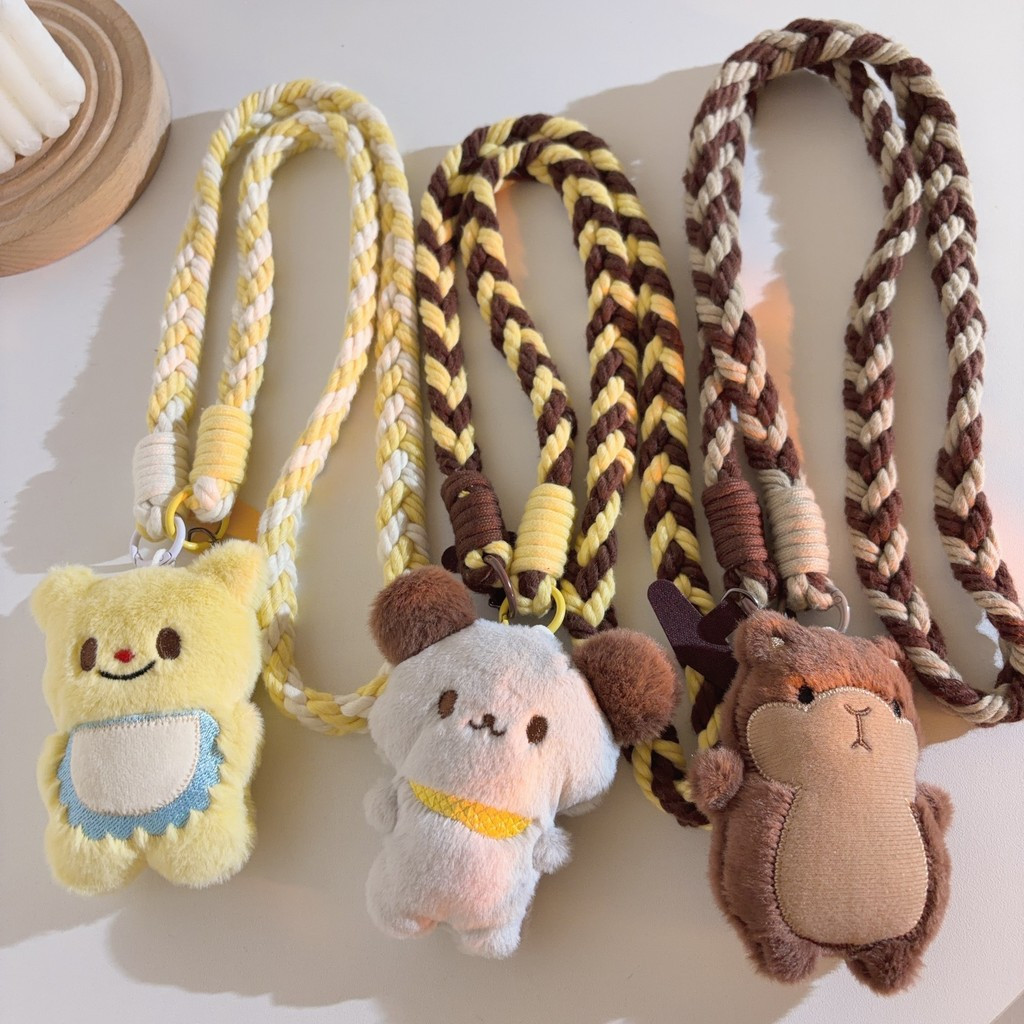 Capa de celular com pingente de pelúcia de urso cinza com lenço amarelo de desenho animado, alça de ombro, corrente para