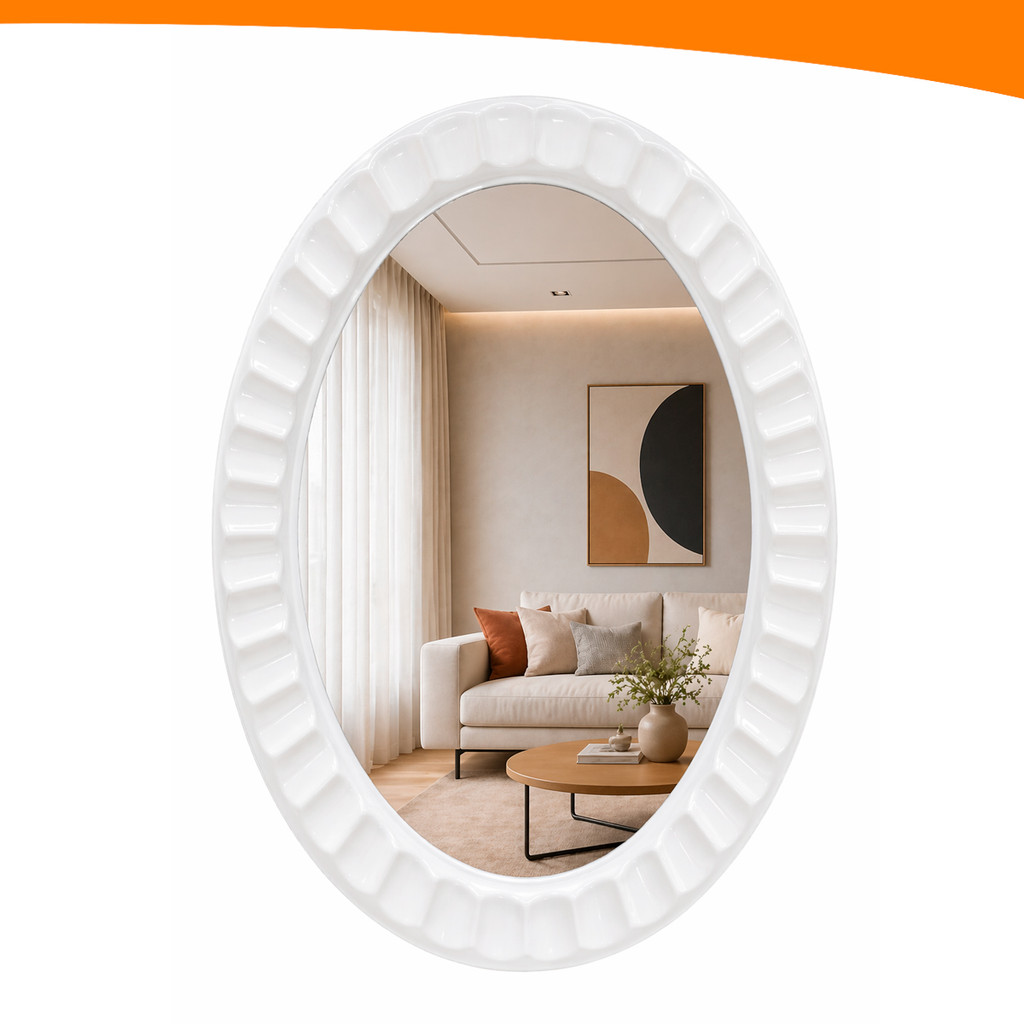 Espelho Oval Decorativo 26x36cm Moldura Branca Texturizada Para Banheiro Quarto Penteadeira Filial