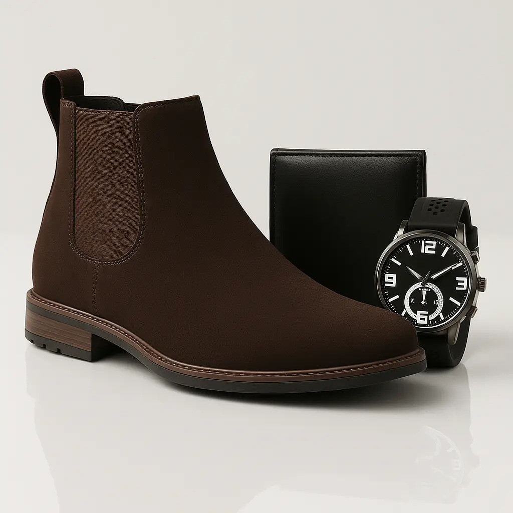 Bota Masculina Marrom + Carteira + Relógio com Solado Baixo Estilo Casual