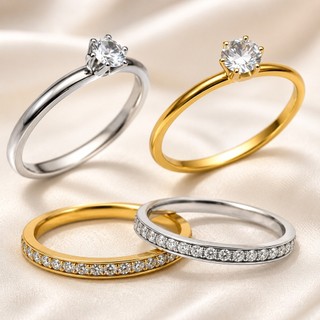 Kit 4 Anéis Femininos Aço Inox 316L Solitários e Aparadores Prata e Dourado, Elegantes, Delicados e Não Escurecem