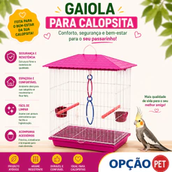 Gaiola para Calopsita + ACESSÓRIO E UM JOGO DE ARGOLAS COLORIDAS mansa teto plástico na cor Rosa - OPÇÃO PET