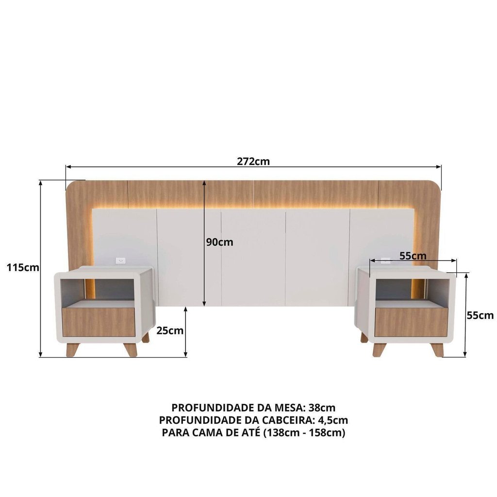 Cabeceira Casal Queen com 2 Mesas de Cabeceira LED 3000k e Tomadas 100% MDF Mabel Branco/Louro Freijó Grann