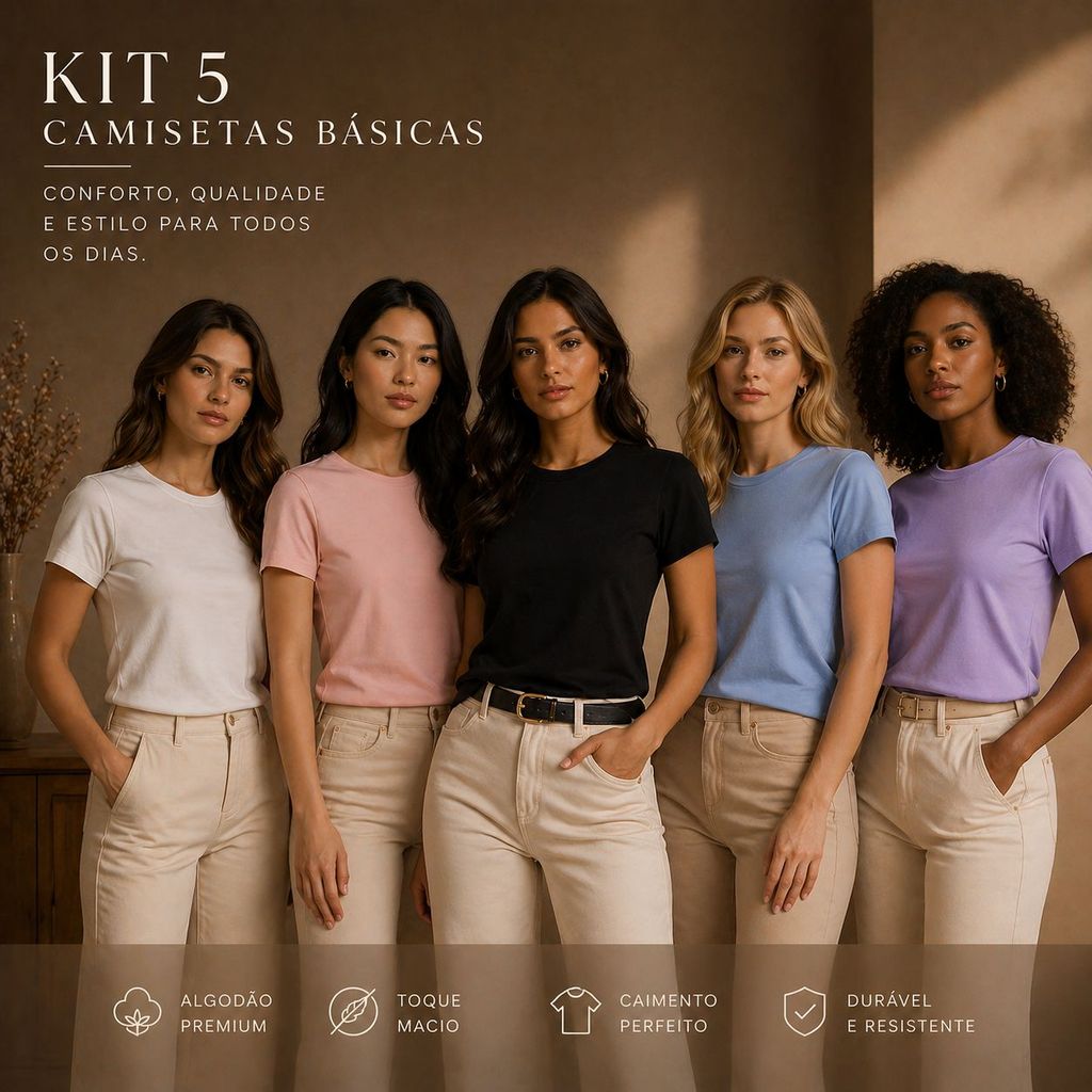 Kit 5 T-shirt Lisa Peruana 40.1 Cotton Pima Sem Estampa Feminina Baby Look Tee Camisa Unissex Blusinha Candy Básica