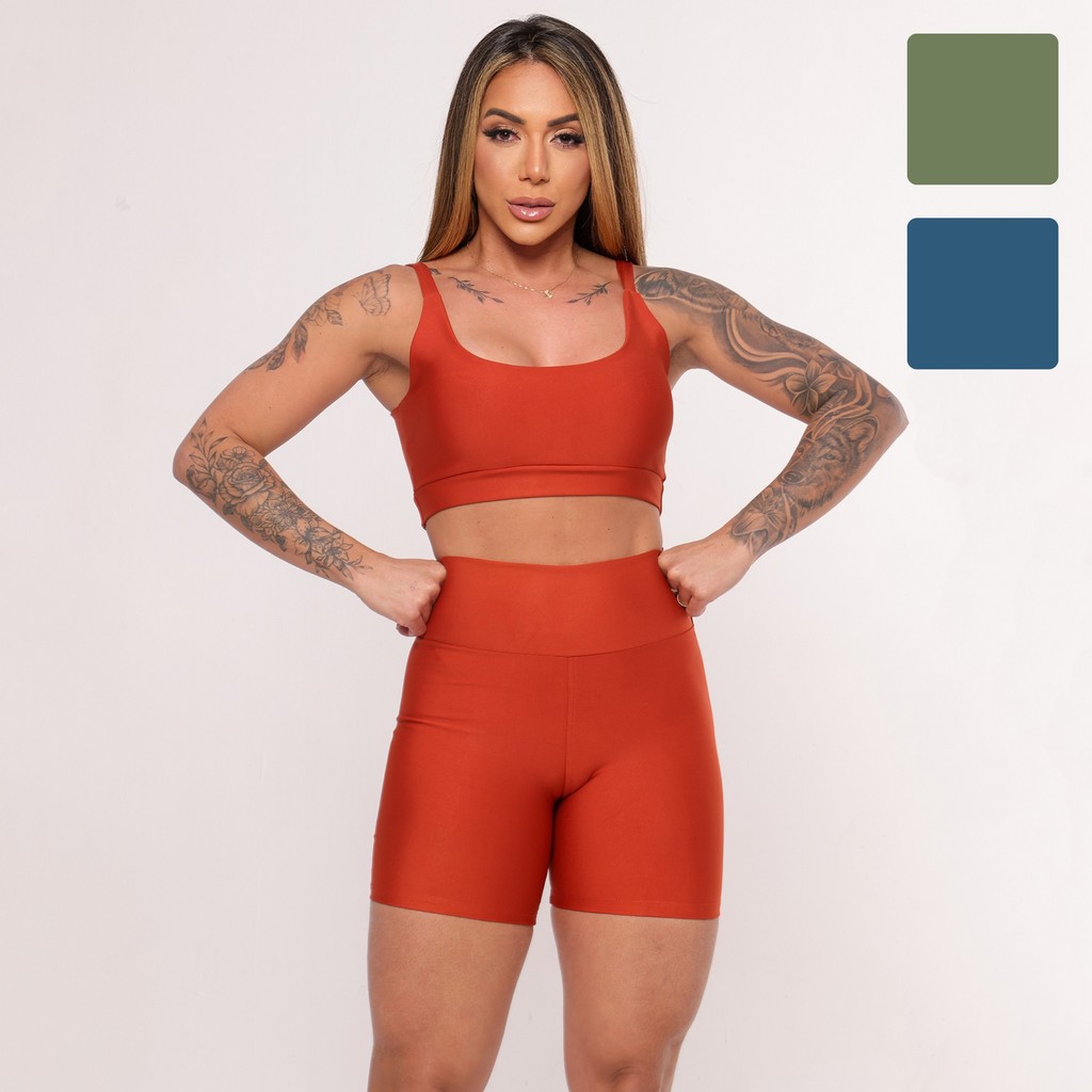 Conjunto Fitness de Academia Short e top - Terra Cota, Azul e Verde
