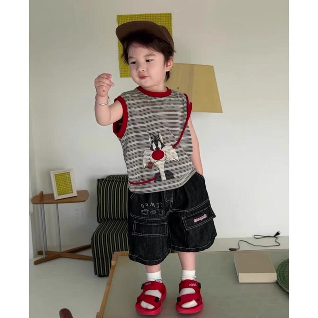 Versão coreana roupas infantis meninos roupas terno 2026 roupas infantis casuais All-Match listrado colete Denim curto