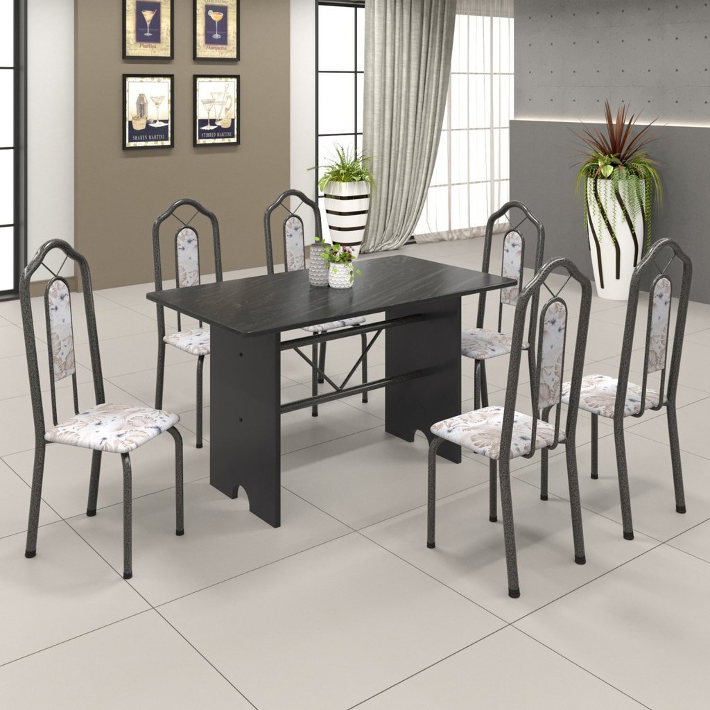 Conjunto de Mesa 140x75cm Tampo Ardósia com 6 Cadeiras Bianca Soma Móveis Prata/Martelado/Ardosia Indiano/Botanic Bege