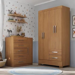 Quarto Infantil Completo Guarda Roupa 4 Portas 2 Gavetas com Cômoda Amy Espresso Móveis Bege/Cinamomo Cinamomo