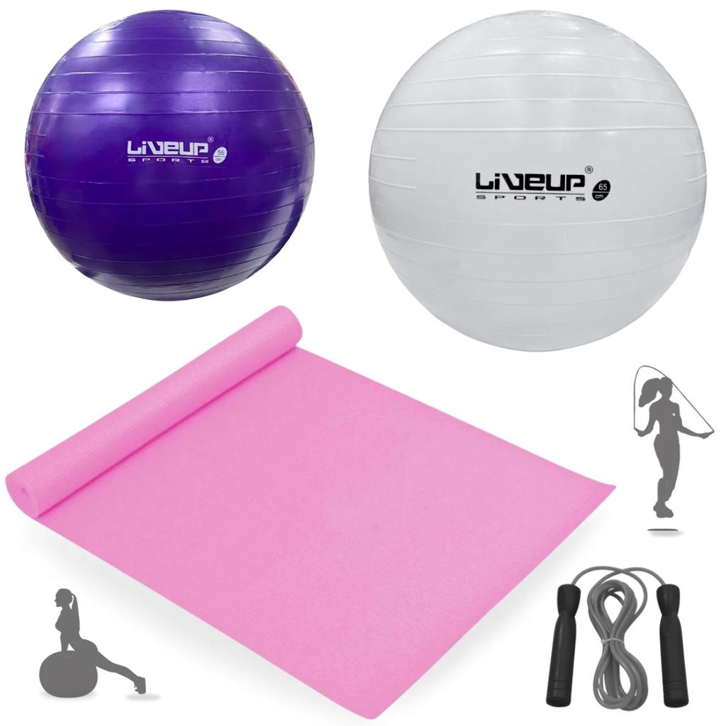 Kit Colchonete Rosa + Bola Suiça 55 Cm Roxa + 65 Cm Branca + Corda com Rolamento