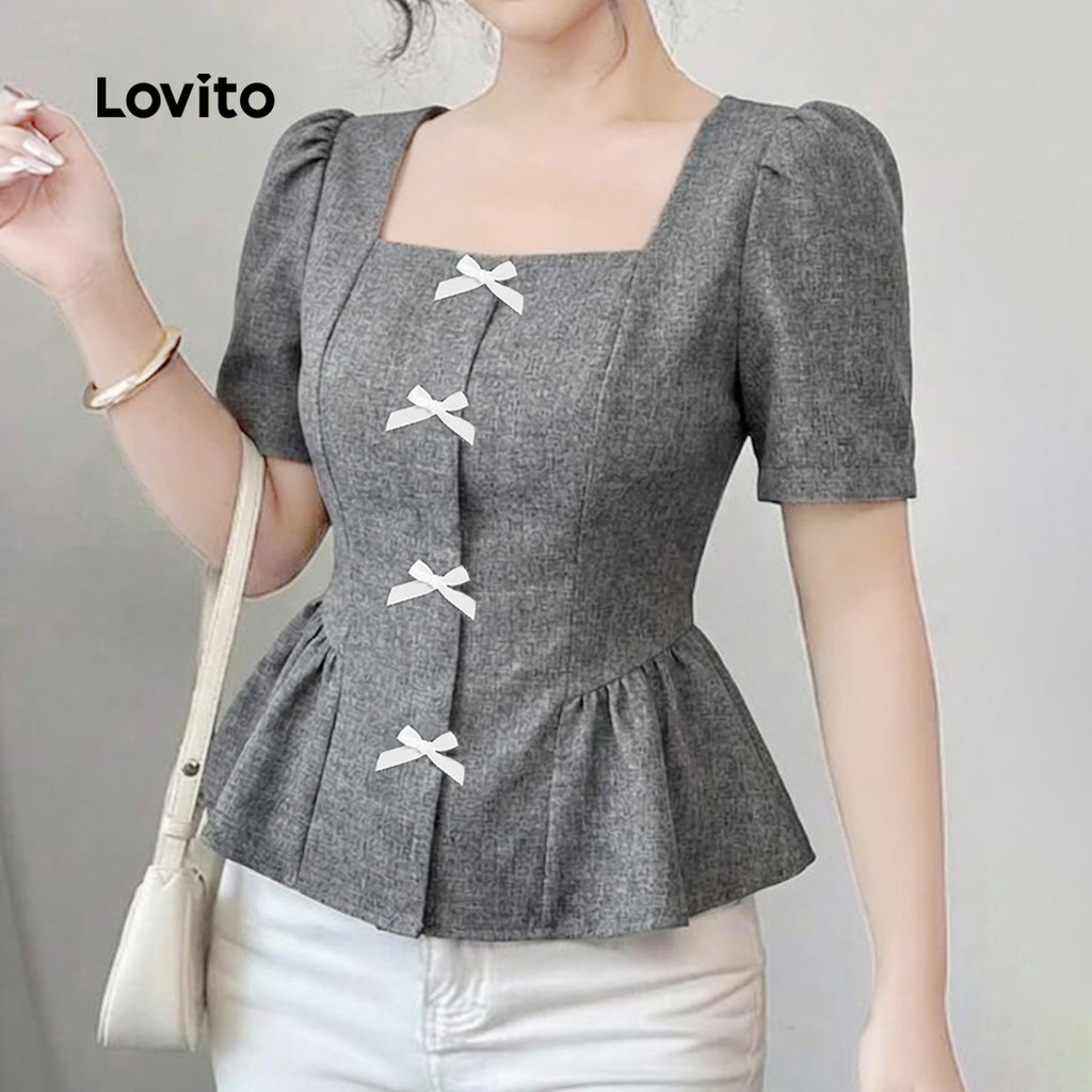 Lovito Elegante Blusa Babado Bainha Laço Colorblock Primavera/verão Cinza Blusa para Mulheres. L177ED093