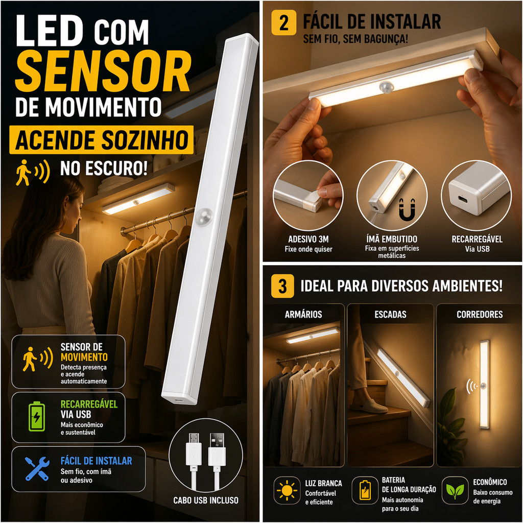 Luminária LED Sensor de Presença Recarregável USB Luz Armário Cozinha Closet Sem Fio Magnética