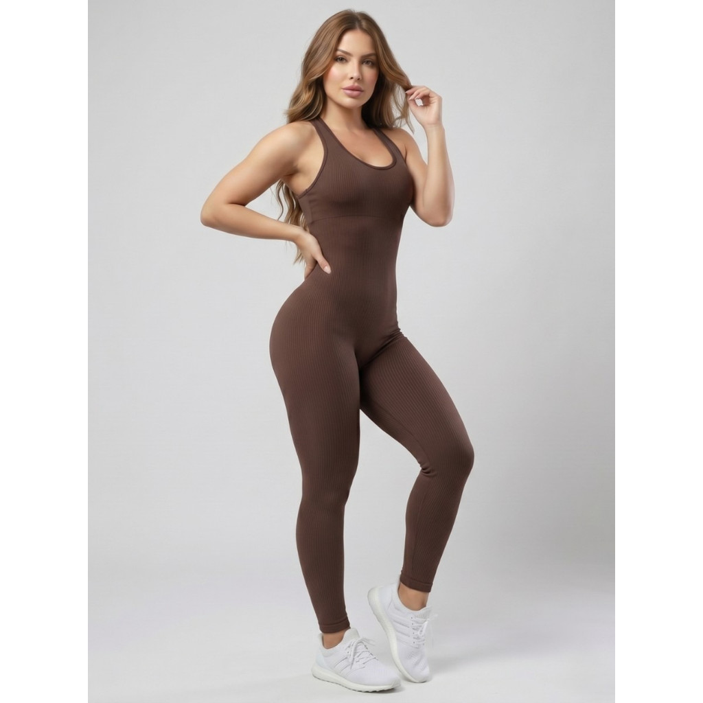 Macacão Fitness poliamida Canelado Feminino Modelador com Bojo Removível Zero Transparência Academia