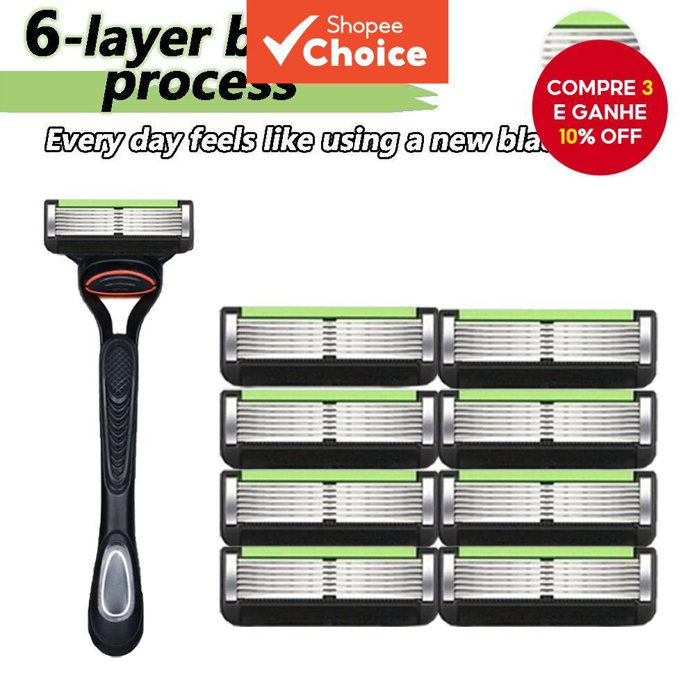 Barbeador manual masculino com 6 camadas, 1 cabo e 8 lâminas, compatível com Gillette Fusion 5 Proglide, fácil de