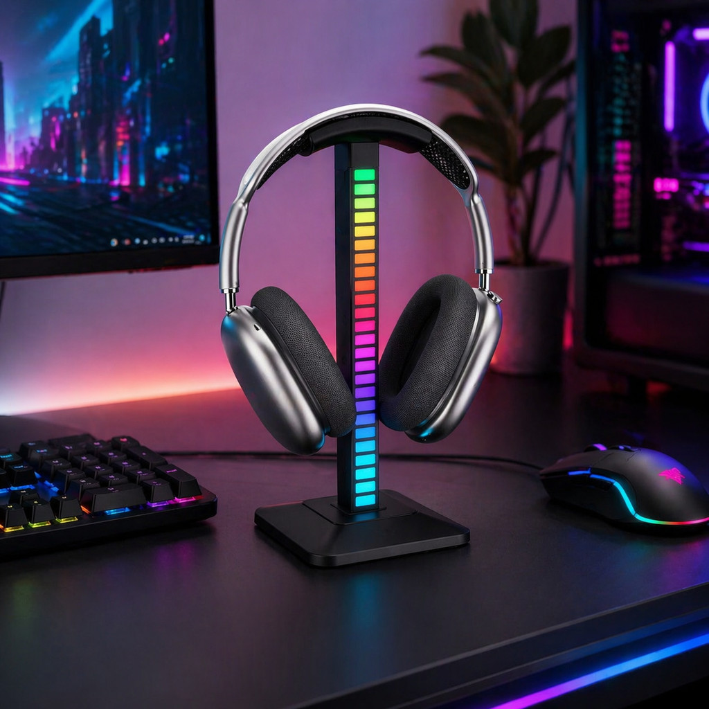 Suporte Headphone LED RGB com Sincronização Musical Luz ao Som para Setup Gamer Mesa PC USB LE-198