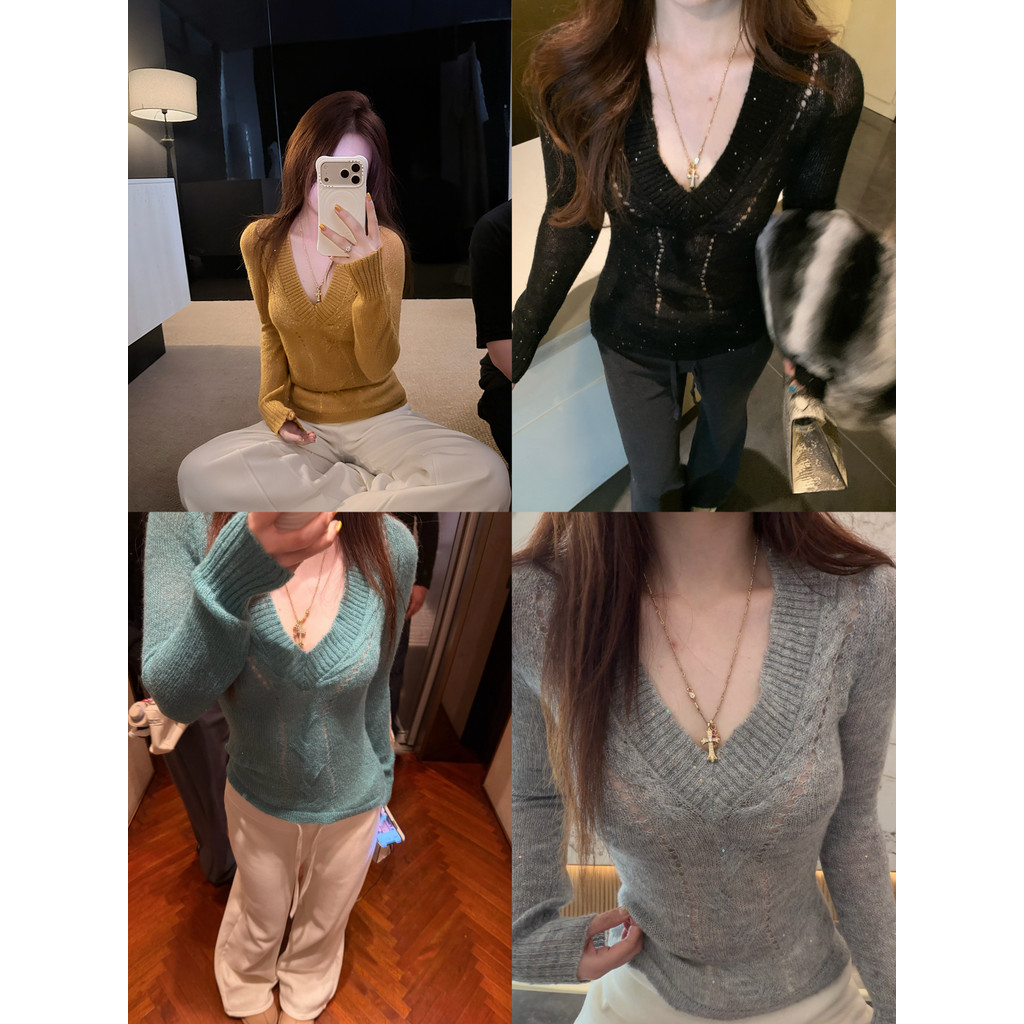 [Dazzling Galaxy] bling Outono Inverno Novo Estilo Com Decote Em V Indústria Pesada Suéter De Diamante Quente Slim-fit S