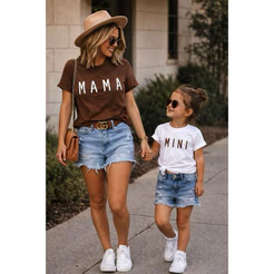 kit Camiseta Mãe e Filha Conjunto T-Shirt Algodão Fio 30.1 Mama Mini Marrom