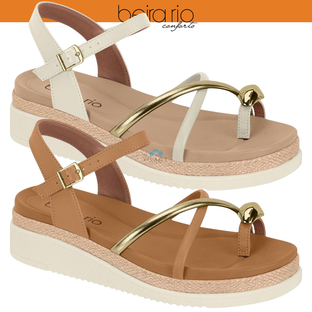 Sandália Feminina Beira Rio Flatform Tiras Nó Dourado Original