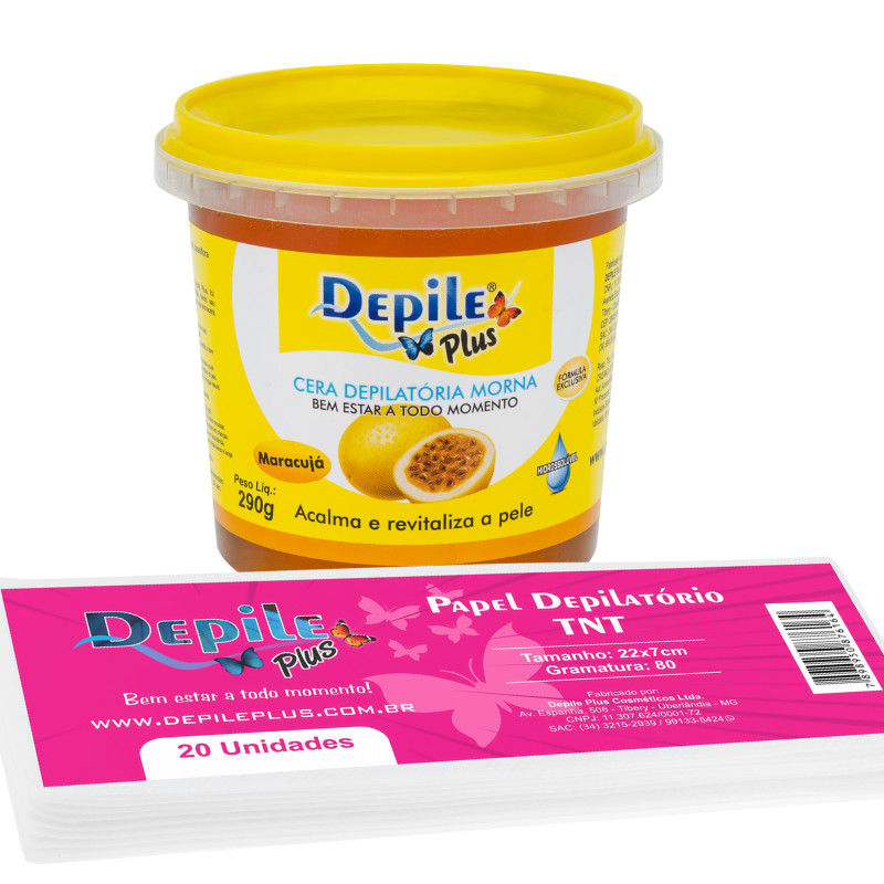Kit Cera Hidrossolúvel 290g + Papel Depilatório TNT 20 unidades Depile Plus pele delicada