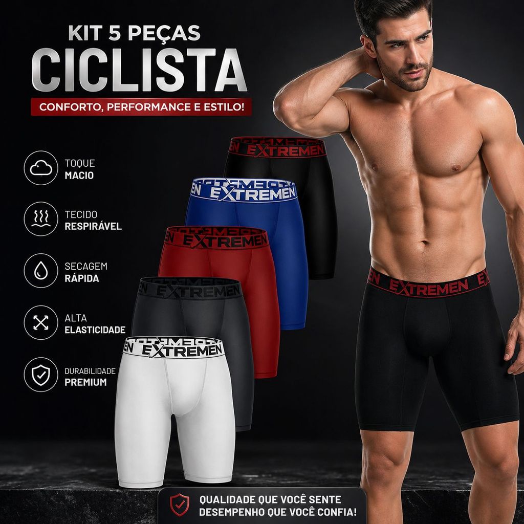 Kit com 5 - Cueca box boxer Ciclista microfibra lisa Perna Longa