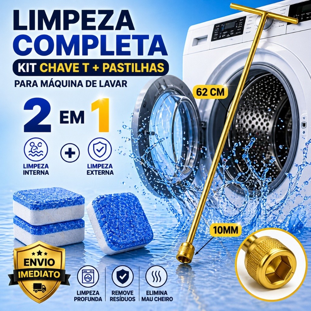 Kit Limpeza Máquina de Lavar 2 em 1 Chave T 62cm 10mm Pastilhas Efervescentes Remove Sujeira mau cheiro Universal
