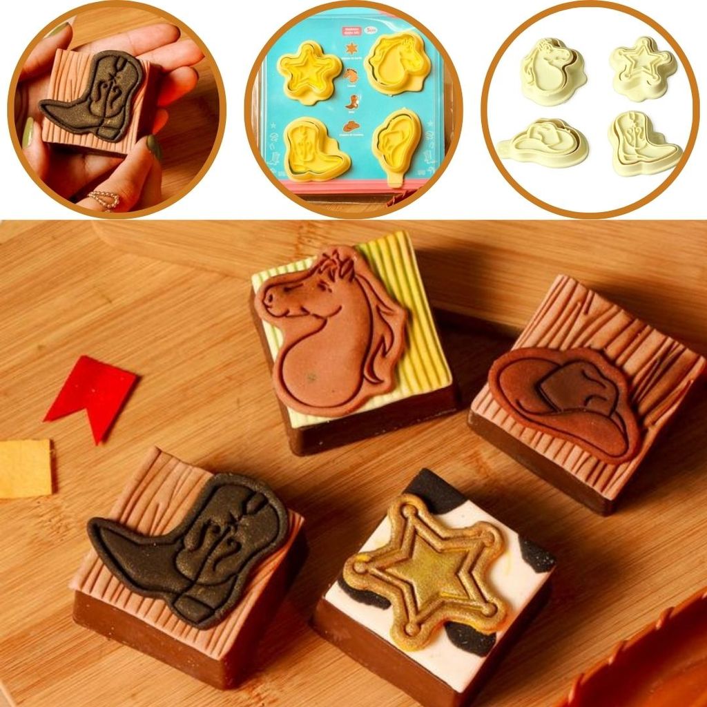 KIT CORTADORES COM CARIMBOS FESTA JUNINA COWBOY 5cm (BLUE STAR)(CHOCO)