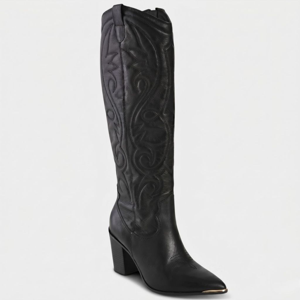 Bota Via Marte Couro Western Cano Alto Feminina - Preto