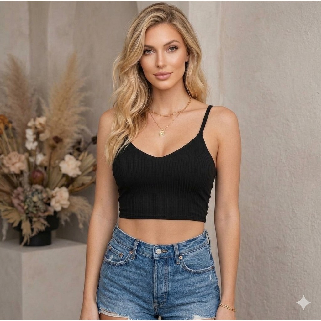 blusa cropped feminino canelado em V alça fina regata elastano pratico