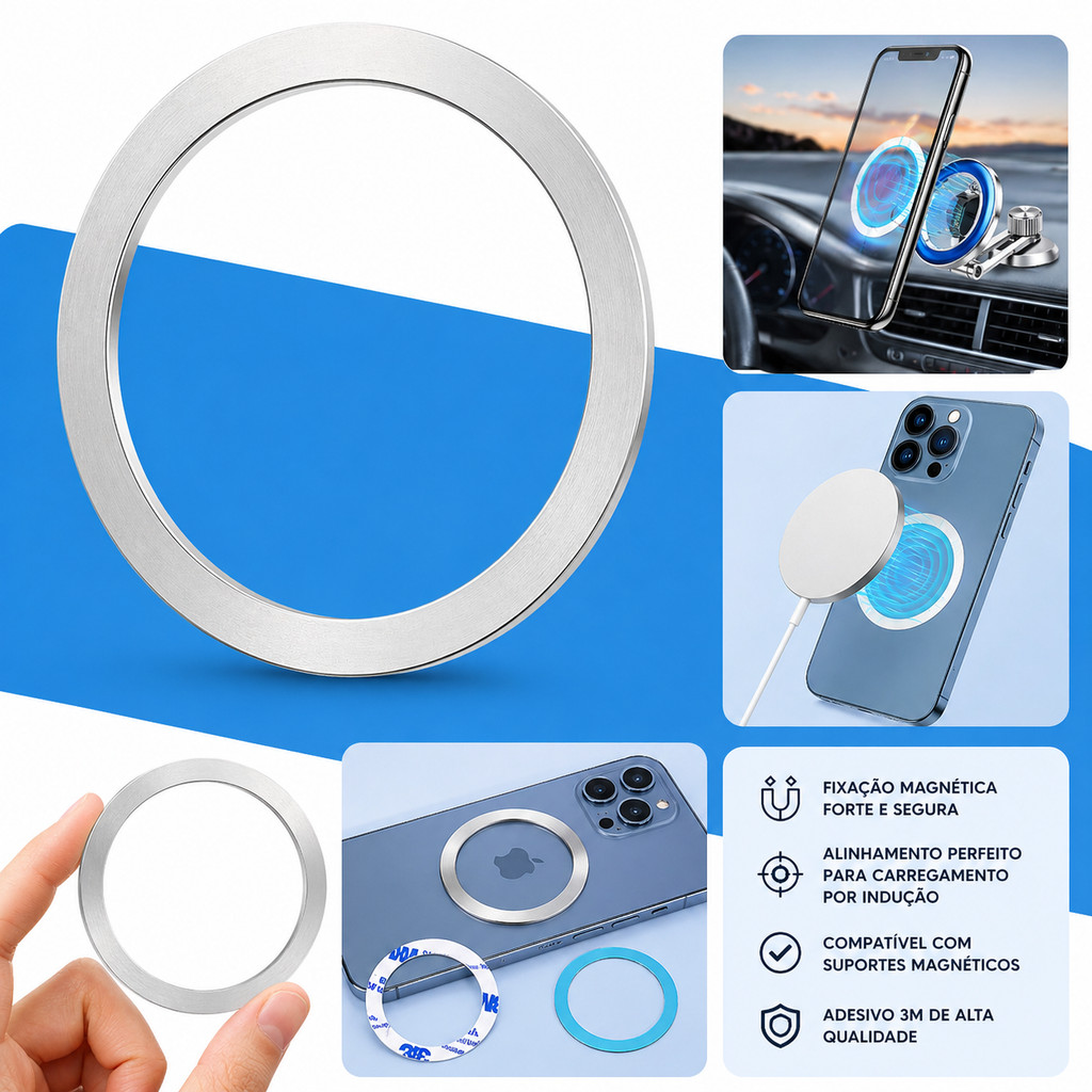 Anel Magnético Magsafe Adesivo Universal Cel Fixação Forte Carregar Indução Android iPhone Acessório Premium