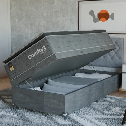 Cama Box Baú Solteiro + Colchão Comfort Class Pillow Top Cinza/suede Cinza