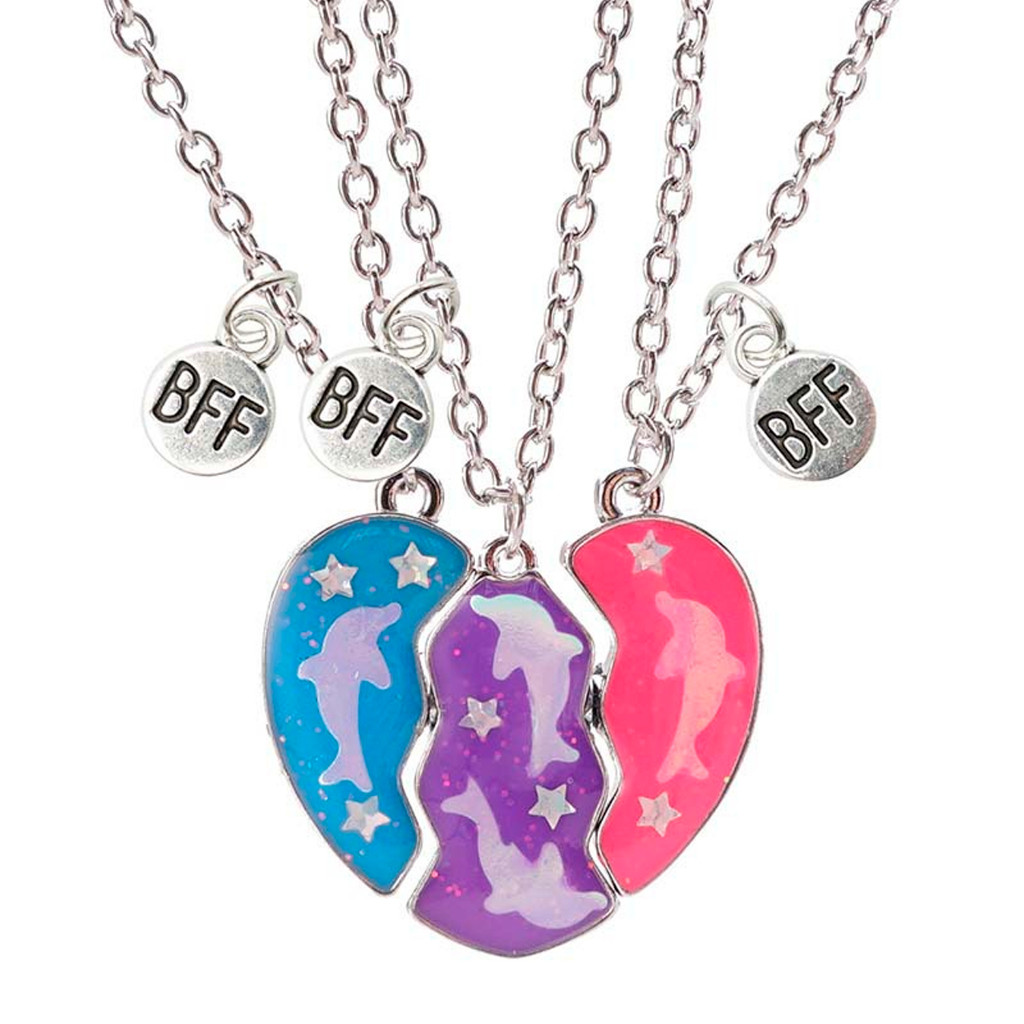 Colar 3 Partes Melhores Amigas Sempre Triplo Coração Best Friend Forever Golfinhos Amizade Eterna