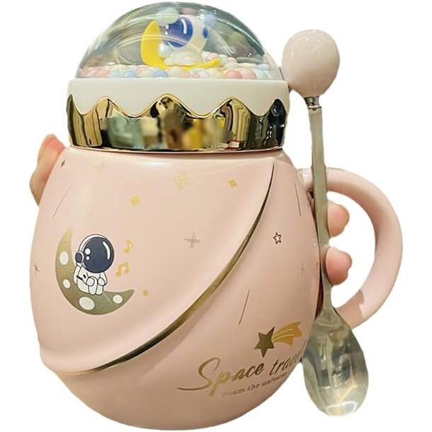 Caneca minimalista de astronauta com tampa e colher, caneca de café de cerâmica com estrelas, caneca de chá com tema de