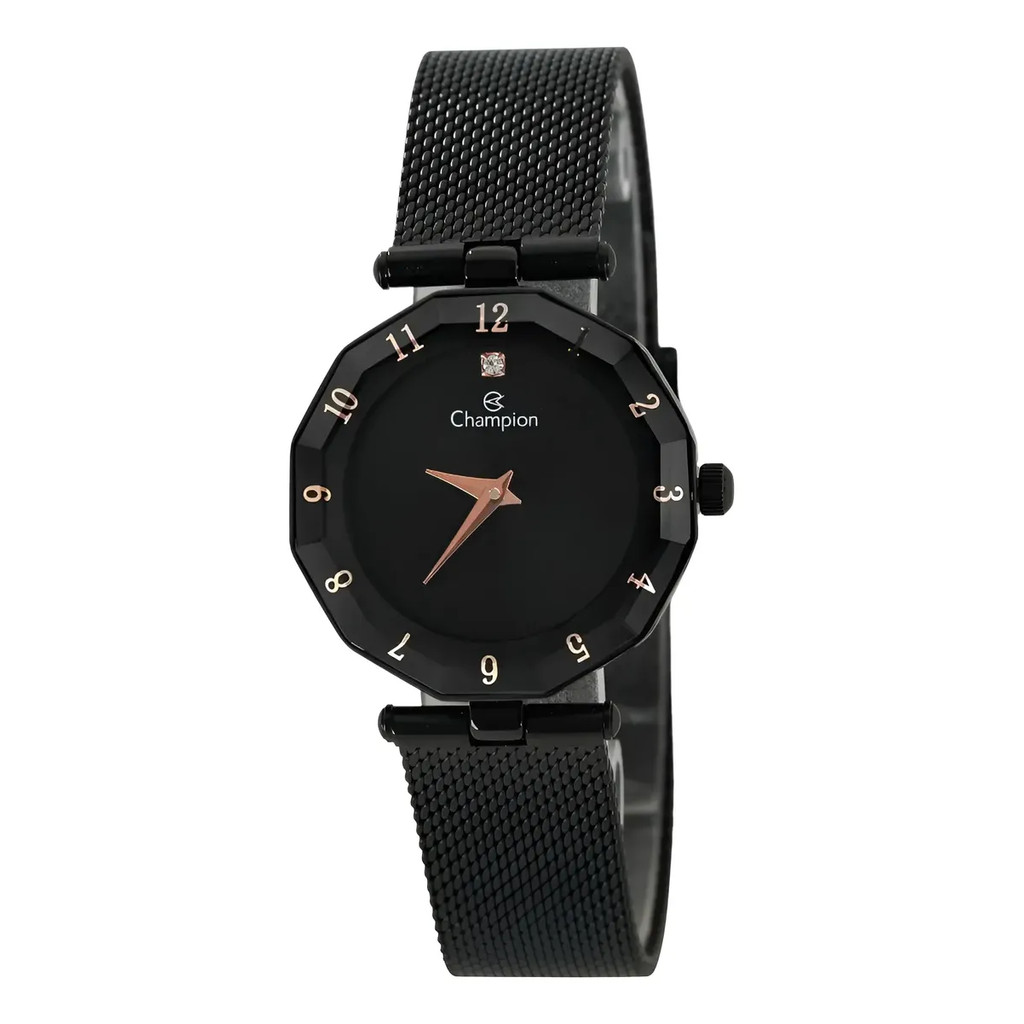 Relógio Champion Feminino Preto Rosê Pulseira Esteira/mesh CN24502N