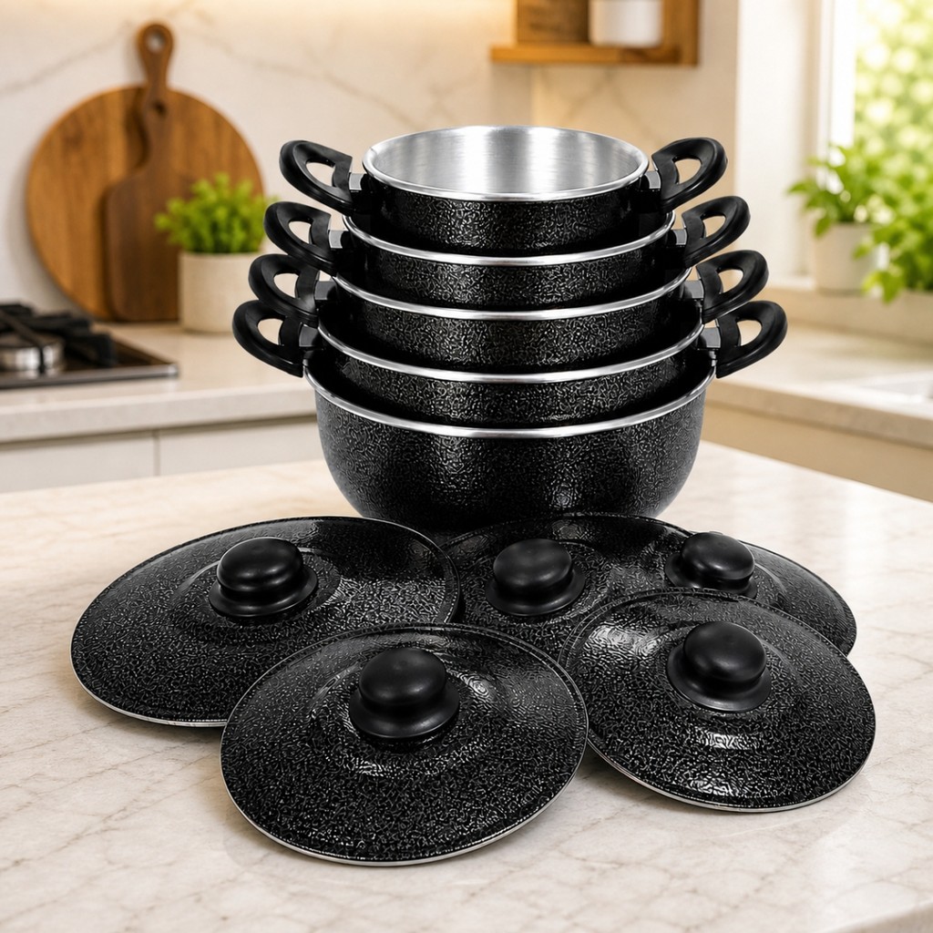 Kit Jogo Panelas Aluminio 5 peças 23,20,19,17,15cm Craqueada Preta Cozinha Resistente Caçarola