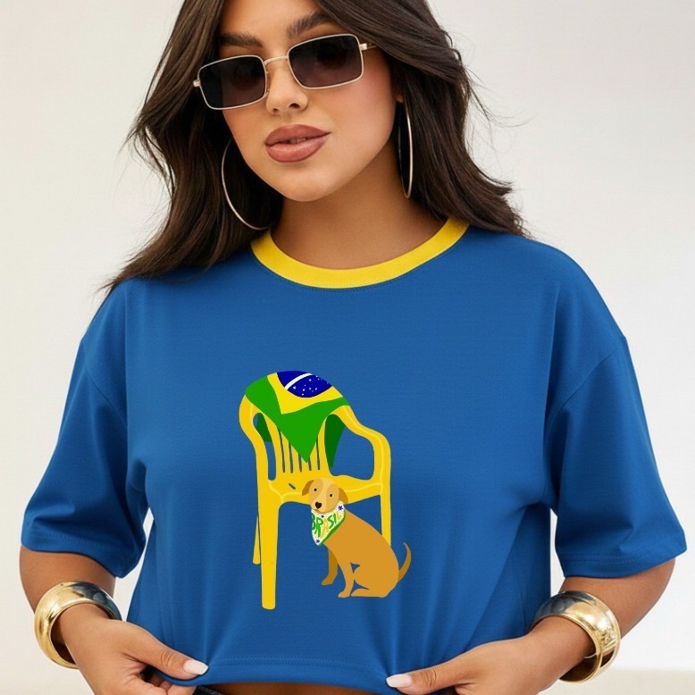 Cropped Oversized Brasil Feminino Algodão Estampa Bandeira Camiseta Feminina Casual Streetwear Confortável
