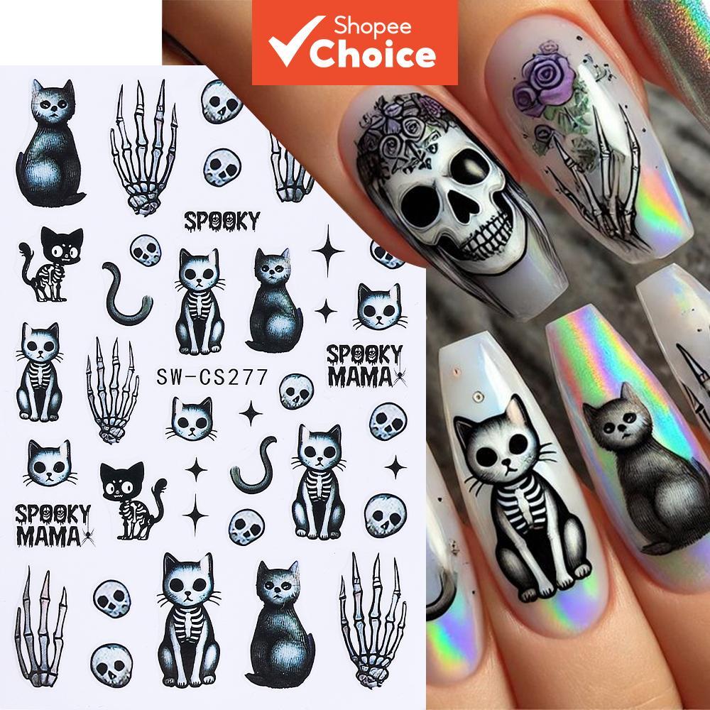 1pc Adesivo para Unhas de Halloween com Gato Preto, Cogumelo, Olhos e Crânio - Decalques DIY para Decoração de Manicure