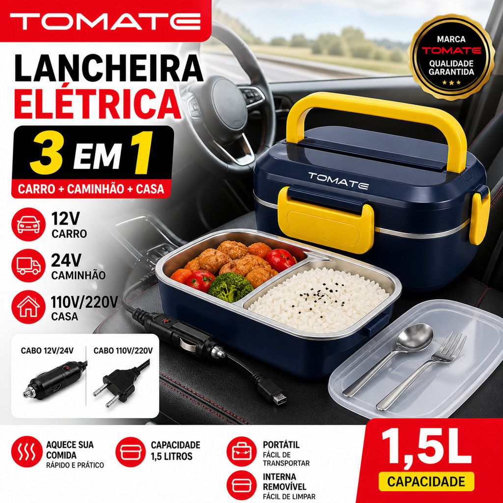 Lancheira Elétrica 3 em 1 1.5L 12V 24V 110V 220V Marmita Aquecedora Portátil Carro Casa TOMATE
