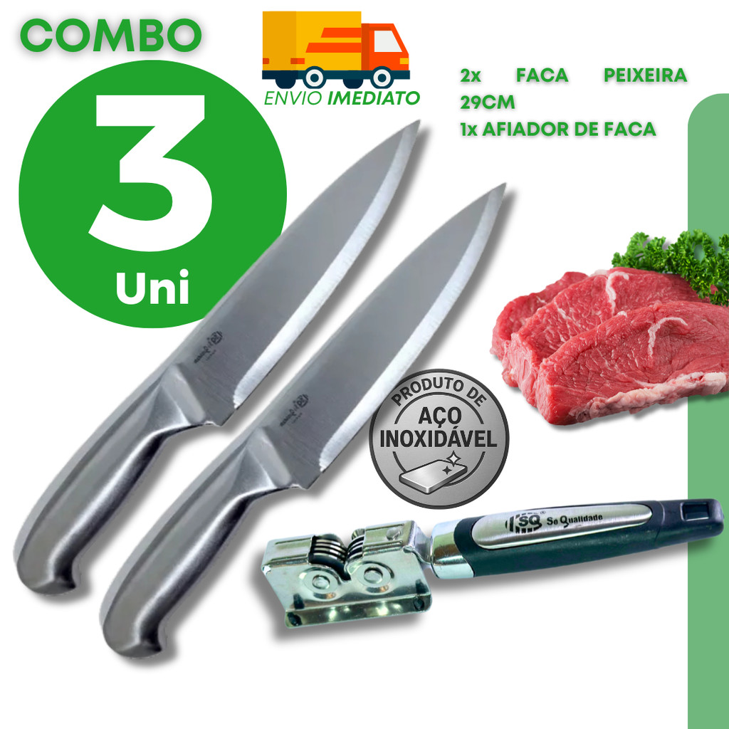 Combo Faca Peixeira e Afiador de Facas Aço Inox para Filetar Peixe Frutos do Mar Carnes e Legumes