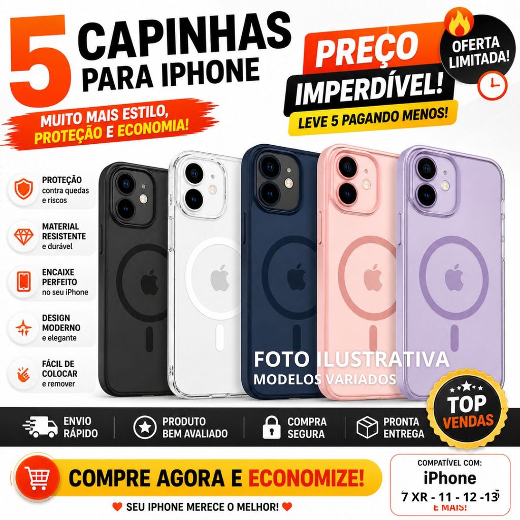 kit 5 capinha de cores variadas iphone 7 XR 11 12  modelos pro plus e promax promo e envio rapido