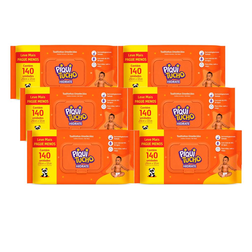 Kit 6 Pacotes Toalha Umedecida Hidrate Piquitucho 140 Unidades Kit com 6 Pacotes