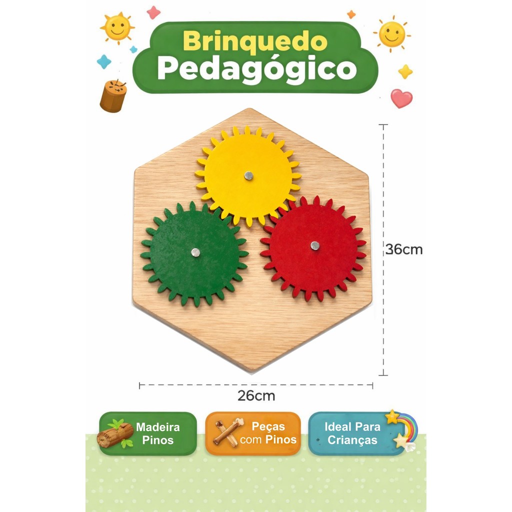 Brinquedo Educativo Engrenagens Madeira Infantil Montessori