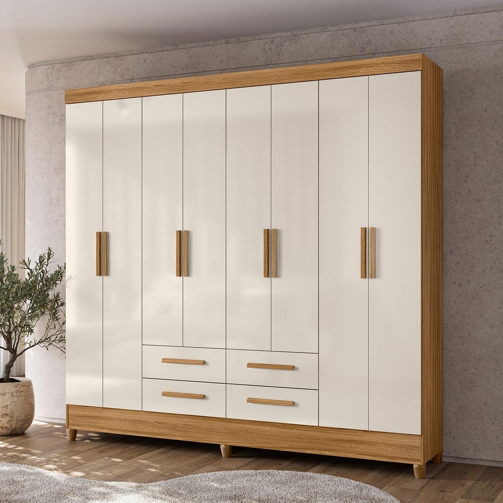 Guarda Roupa Roupeiro Quarto Casal Moderno Florida 8 Portas 4 Gavetas Freijo com off White - Moval