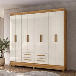 Guarda Roupa Roupeiro Quarto Casal Moderno Florida 8 Portas 4 Gavetas Freijo com off White - Moval
