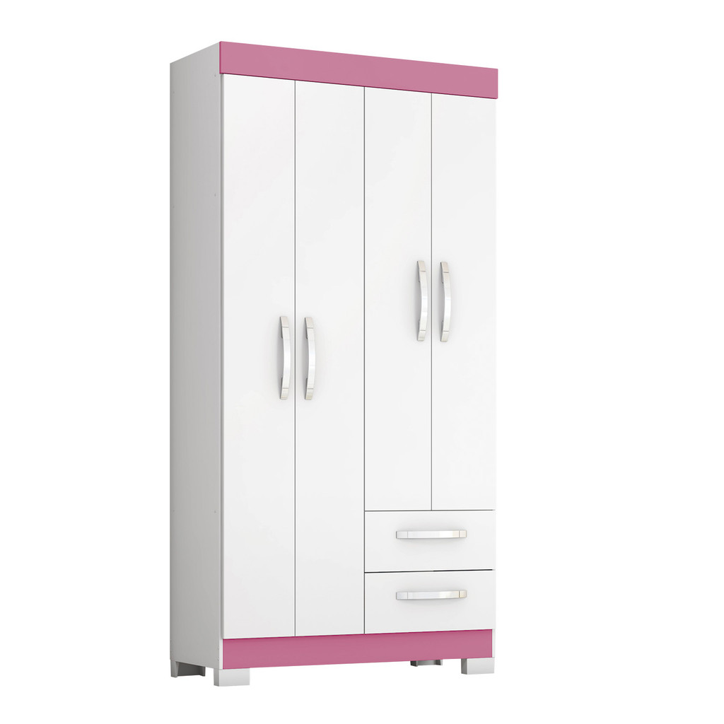 Guarda-Roupa Solteiro 6010 Para Quarto 4 portas 2 Gavetas com Pés e Cabideiro - Branco com Rosa - Notável