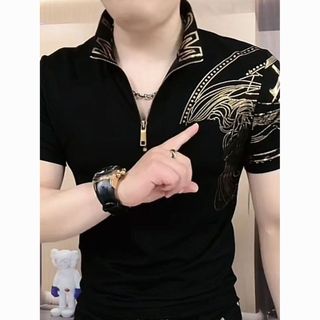 Pronto estoque Estação europeia na moda gola dourada masculina de manga curta moletom elástico masculino Social exterior