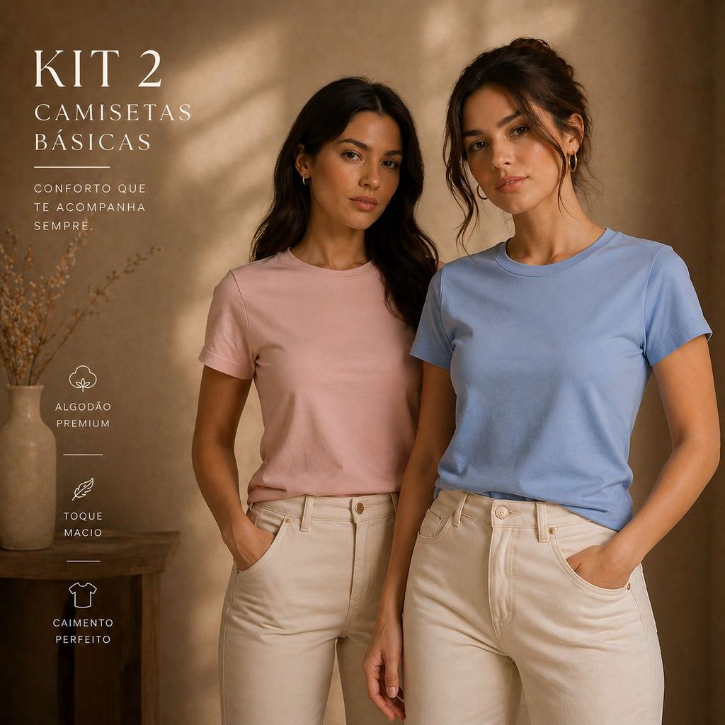 Kit 2 T-shirt Lisa Peruana 40.1 Cotton Pima Sem Estampa Feminina Baby Look Tee Camisa Unissex Blusinha Elastano