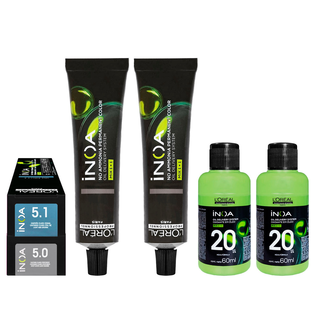 Tinta Kit Inoa Loreal 5.0 Castanho Claro Profundo + 5.1 Castanho Claro Acinzentado 60g + 2 Ox 20v