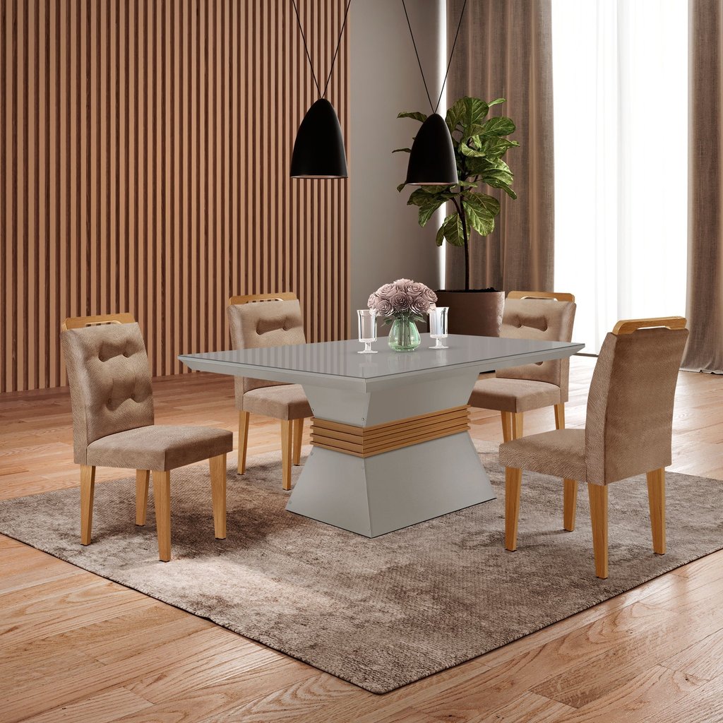 Conjunto Sala de Jantar Mesa Clarice 120x80cm Tampo Vidro/mdf Canto Reto com 4 Cadeiras Valentina Animalle Chocolate/Off