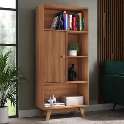Estante de Livros 68CMX153CM Pés em Madeira Maciça 1 Porta 3 Prateleiras Pequim Marrom/Nogal Nogal